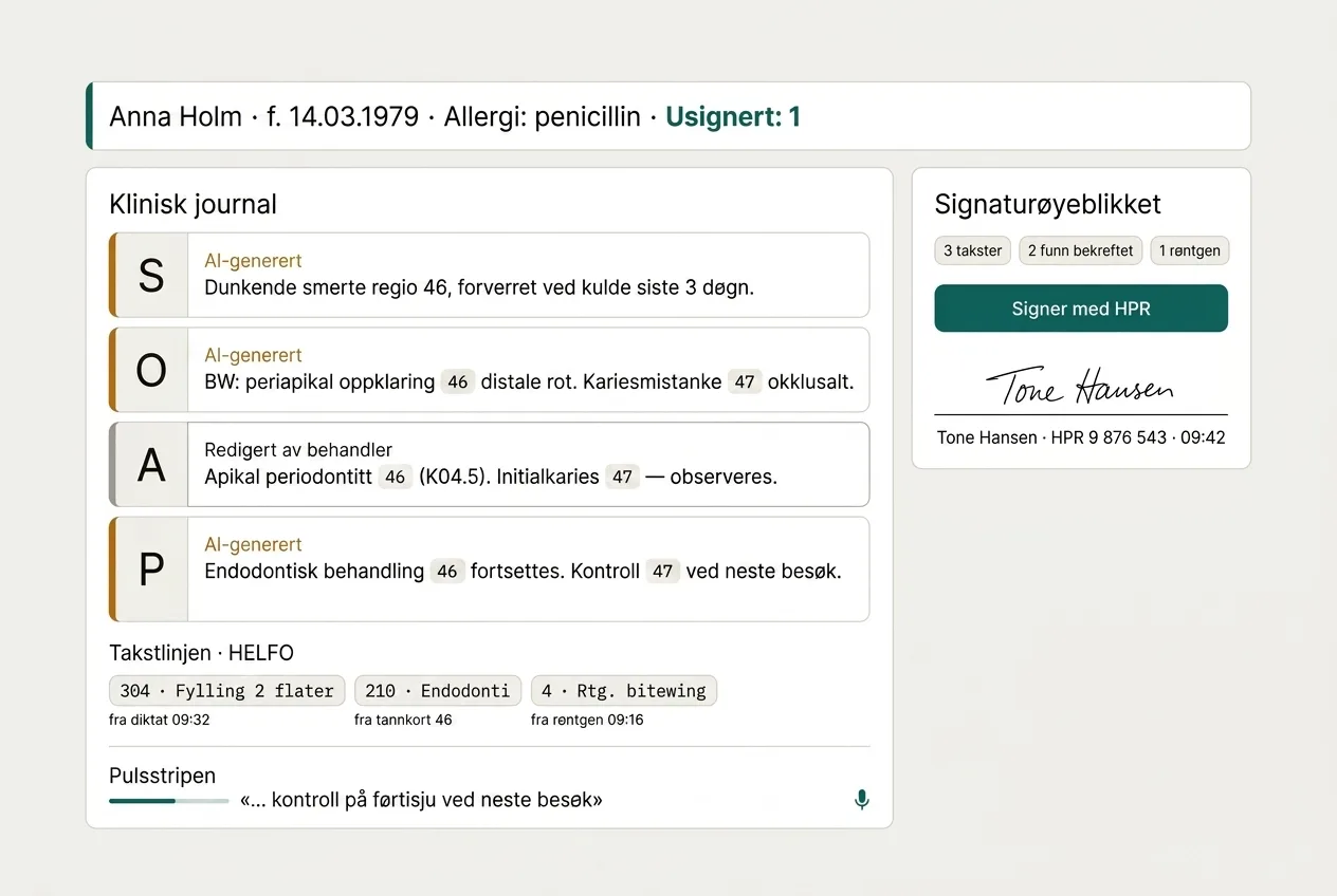 Klinisk journal i Feltlys-design: S·O·A·P-blokker, takstlinje HELFO og signaturøyeblikk med HPR