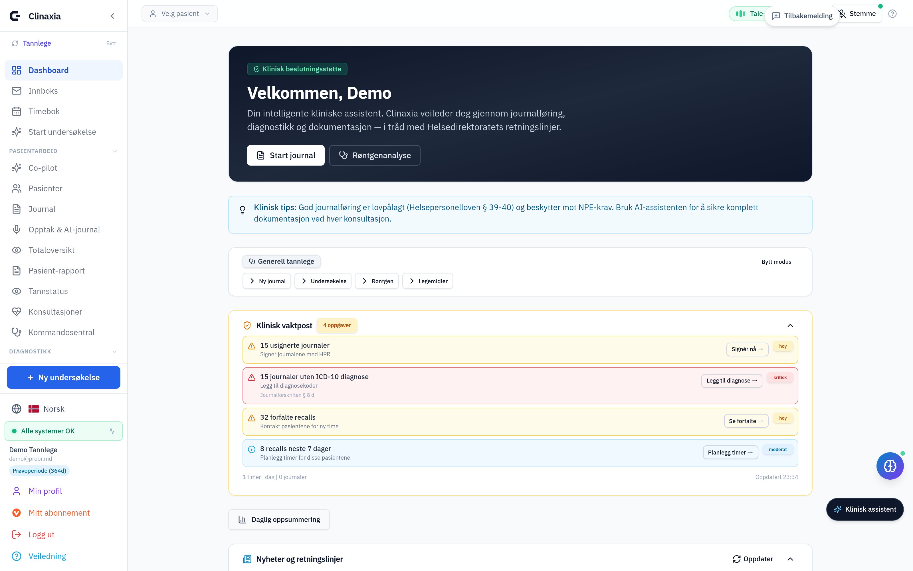 Clinaxia dashbord — vaktpost, klinisk co-pilot, AI-strukturert journal